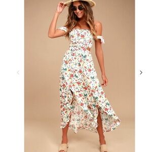Lulus floral print off the shoulder midi dress with side slit